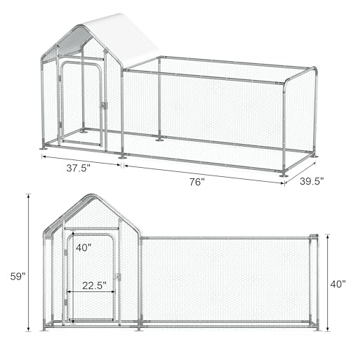 Metal Chicken Coop, Walk-in Chicken Run with Waterproof & Anti-UV Cover Poultry Cage Spire Roof with Lockable Door Chicken Hen House for Duck Rabbit Outdoor Farm - size: 113.5"L x 39.5"W x 59.0"H