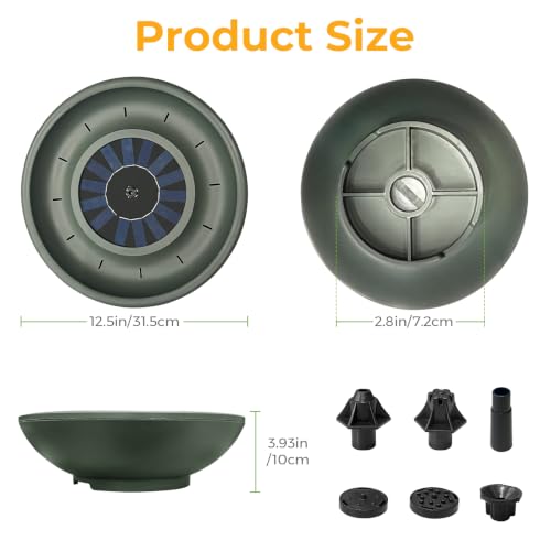Solar Fountain Bird Bath for Outside, 12.5" Outdoor Green Birdbath Bowl Fountain with 6 Nozzles Freestanding Ground Bird Playing Bowl for Garden/Patio/Yard/Balconies and Lawns Decor