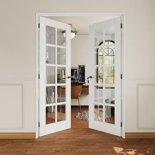 48x80 Interior French Door,10-Lite Clear Glass Doors,Living Room Doors | Matte Black Hardware-Privacy Door Lever with Lock, Latch&Hinges, Solid Core,Tempered Glass,No PreDrill,Jamb Assembly Required - color: 10 Lite, Black Hinges, size: 48x80 for 50x82 op