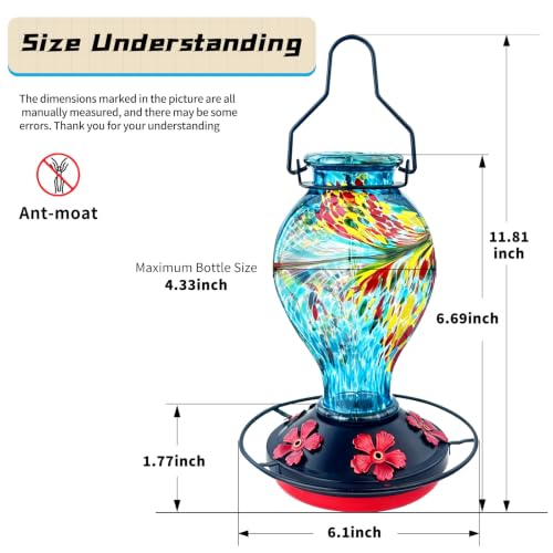 Hummingbird Feeder Colorful Blown Glass Outdoor Hummingbird Feeder with Ant Moat and 5 Feeding Ports for Outdoors Hanging Garden Decor, Bird Lovers (Blue-2) - color: Blue-Phoenix-2
