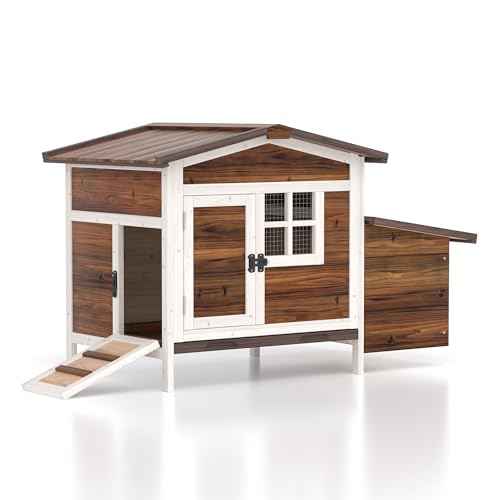 GOJOOASIS Chicken Coop for 2 Chickens Raised House with Ramp & Nesting Box | Outdoor Wooden Hen House for Small Animals, Backyard Chicken Hutch Poultry Cage, Waterproof Roof, Easy-Clean Tray, Brown - color: Brown