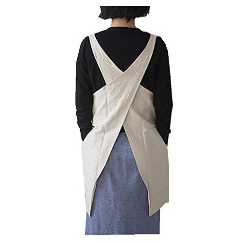 Cotton Linen Japanese Apron Halter Cross Back Bandage X Shape Aprons Two Pockets - color: Beige