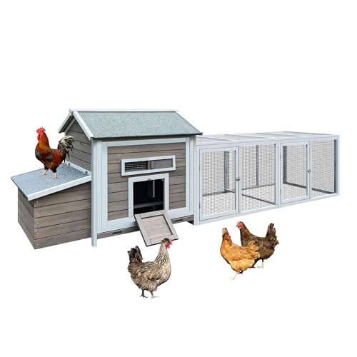 YOPTO Wooden Chicken Coop, 114 in, Outdoor Run, Gray | Solid wood, Asphalt roof, Outdoor run, 2-compartment nesting box, Pull-out tray, Ventilated design - size: 118.0"L x 27.6"W x 36.6"H