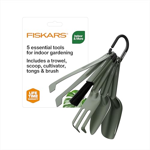 Fiskars 5-Piece House Plant Cultivating Tool Set for Indoor Gardening | Nesting Trowel, Soil Scoop, Cultivator, Tongs & Brush, Stainless Steel with Green Powder Coat Finish - size: 5-Piece Set