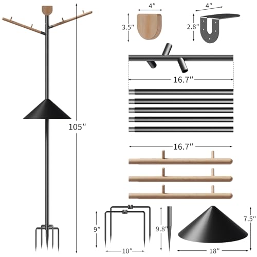 LONA 105 Inch Bird Feeder Pole for Outdoor, Squirrel Proof, 5-Prong Base | Adjustable 0.9” Dia Bird House with Mount Kit,Heavy Duty Stand with 6 wooden Hooks, Suit for Various Feeders, Black, 1 Pack