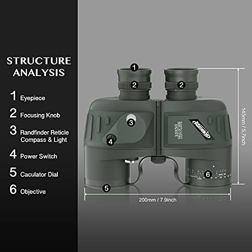 AOMEKIE 10x50 Waterproof Marine Binoculars for Adults with Rangefinder Compass BAK4 Prism FMC Lens for Birdwatching Hunting Boating Fishing Water Sports(Green) - color: Green