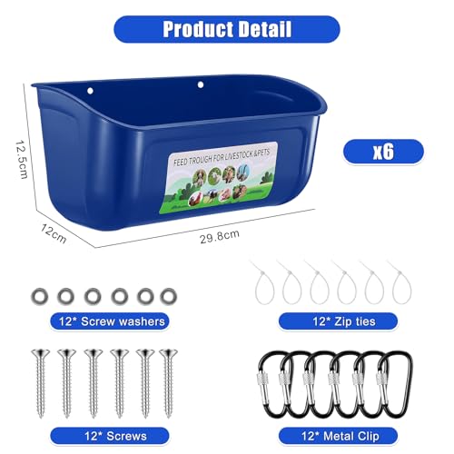 Chicken Feeder Waterer, 6 Pack Duck Feeder Supplies, Hanging Fence Feed Trough with Clips for Goat, Sheeple, Piglet, Gooses, Turkeys, Dog Livestock Poultry, Blue - color: 6 pack Blue