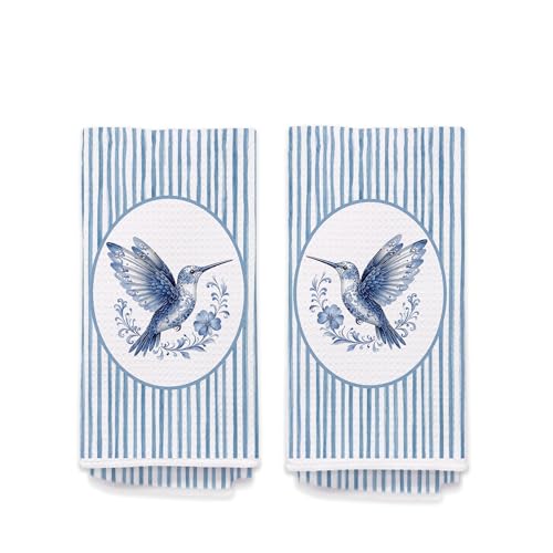 Blue and White Chinoiserie Hummingbird Kitchen Towels Set of 2, Hummingbird Gifts Hand Towels for Bathroom Kitchen, Grandmillennial Spring Bird Decorative Dish Tea Towel Dishcloth662 - color: Hcolor013