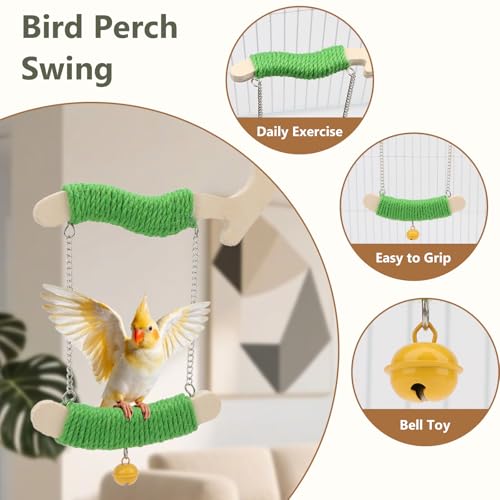 Litewoo Bird Swing Perch Stand Parrots Chewing Toy for Parakeets Cage, M | Natural wood & green hemp rope, chew/swing/stand toy, balance & exercise for small-medium bird/budgies/conures/lovebirds - size: M
