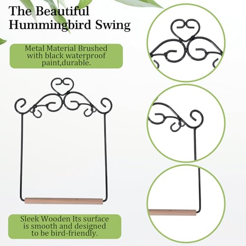 3 Pcs Black Metal Frame Hummingbird Swing, Bird Swings with Wooden Dowel and Chain, Hummingbird Perch, Hummingbirds Accessories for Hanging Indoor, Outdoor, Lawn, Patio, Garden