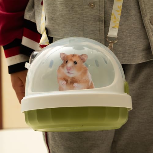 Portable Pet Travel Carrier with Water Bottle, Safety Lock, 6.3 inch Diameter, White and Green, Small Animal Transport Case for Hamster, Turtle, Bird