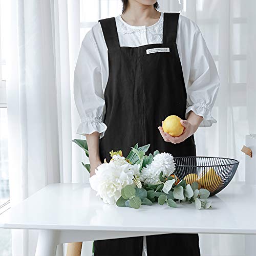 Cotton Aprons for Women and Men | Cross-Back Apron with Pockets - color: Black
