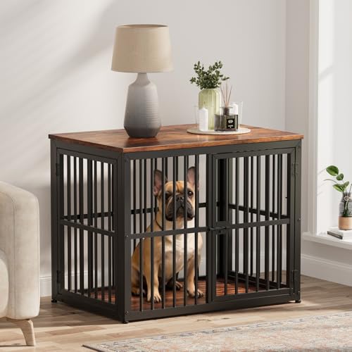 Lyromix 33'' Dog Crate Furniture with 3 Doors for Small to Medium Dogs | Wooden Kennel End Table, Heavy Duty Indoor Cage for French Bulldog, Beagle, Multiple Units Can be Combined, Rustic Brown - color: Brown, size: M(33.07''×22.05''×25.98'')