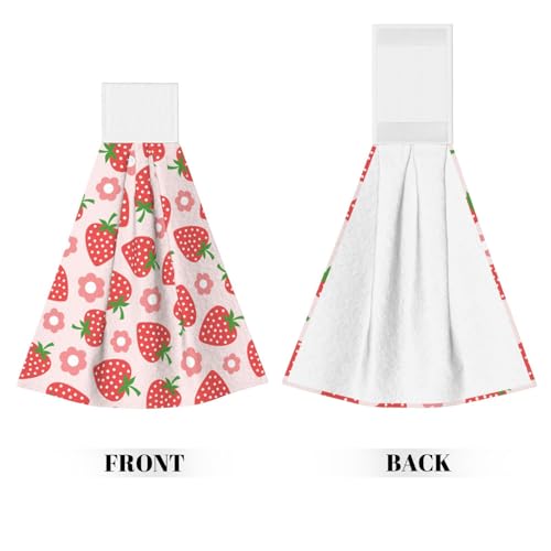 Cute Red Strawberry Kitchen Hand Towels Spring Pink Flowers Hand Tie Towels Set of 2 PCS Dish Towels with Loops Tea Bar Dish Cloths Towel for Bathroom Home - color: Pink Strawberry Cute Flowers