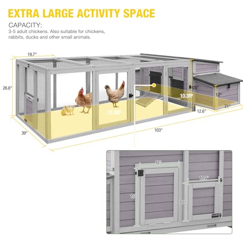 Extra Large Chicken Coop with Run, Outdoor Wooden Hen Poultry Cage Nesting Box, Elevated Frame, Removable Pull Out Tray, Weatherproof Rabbit Hutch Duck House for Backyard Lawn Garden - color: Grey, size: 103.0"L x 39.0"W x 26.8"H