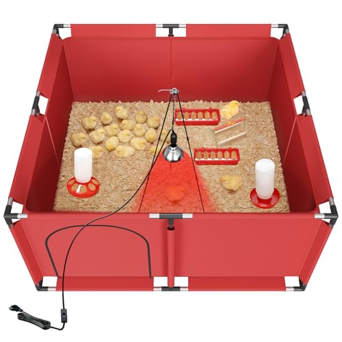 Brooder Box for Chicks, All-in-One Chick Starter Kit, Stainless Steel Frame Baby Chicken Brooder Playpen with 250W Heat Lamp, Perch, Feeder & Waterer Set, Up to 30 Chicks, Square Style