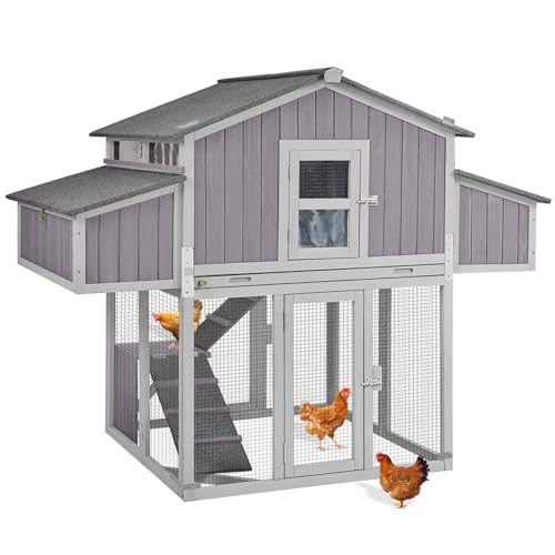 Large Chicken Coop, Wooden Chicken Coops with Nesting Boxes and Removable Tray, Waterproof Hen House with Asphalt Roof, Poultry Cage for Outdoor Backyard, Unique Folding Design - color: Grey, size: 69.8"L x 42.0"W x 54.6"H