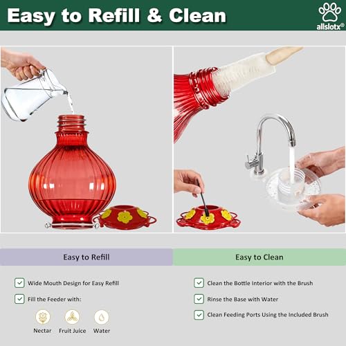 Glass Hummingbird Feeder for Outdoors Hanging, 38 oz Nectar Capacity, 6 Feeding Ports, Leak-Proof Rust-Free Plastic Base, Easy to Refill & Clean, Decorative Red Glass Bird Feeder for Garden Patio - color: Red, size: 38 Fluid Ounces
