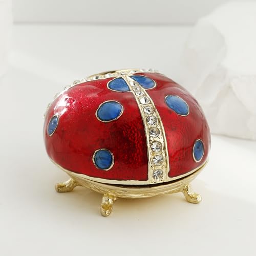 Hand Painted Enameled Ladybug Trinket Box, Hinged Unique Mini Ring Necklace Jewelry Organizer, Classical Bejeweled Storage, Figurine Collectible Keepsake Home Decor (Ladybug-2) - color: LadyBug-2