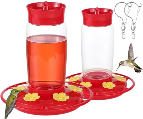 Plastic Hummingbird Feeder 2 Pack 20oz Ant-Moat Bee-Proof Outdoor | Wide Mouth Easy Clean, 6 Bee-Proof Feeding Ports, Leak Proof, Stainless Steel Hook, for Backyard Garden Patio