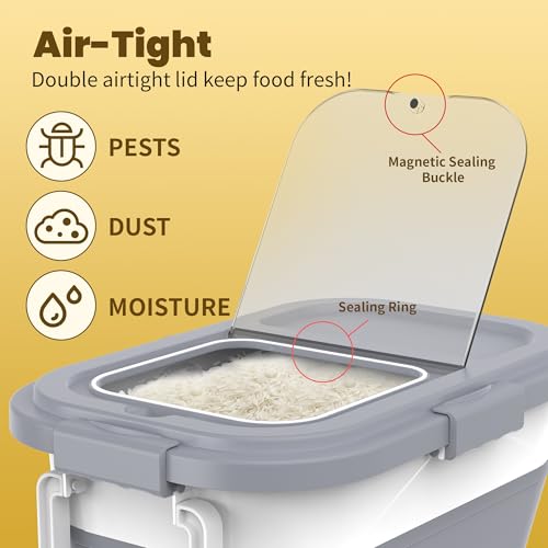 HOYTAMDA 20-30Lbs Rice Container,Collapsible Food Storage Container Wheels | Rice Storage Container with Airtight Locking Lid,Handle,Small Bin &Scoop,Rice Dispenser for Flour Sugar Cereal Grain Dog Cat - color: Grey/20-30lbs
