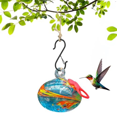 Pozfun Small Hummingbird Feeders for Outdoors Hanging,Hand-Blown Glass Hummingbird Feeder with Silicone Feeding Perch,Never Leak,Gardening Gifts for Woman Man(Blue) - color: Blue