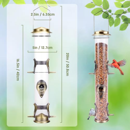 1PK Metal Wild Bird Feeder,Squirrel Proof Bird Feeders for Outside,Hanging 6 Port Tube Bird Feeder Transparent Finch Bird Feeder for Attracting Birds in Your Lawn, Garden, Balcony-Bronze - color: Bronze
