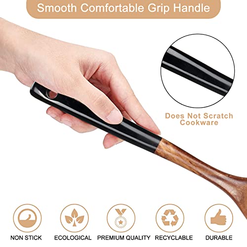 Wooden Spatula Set for Cooking Spoon Non Toxic Teak Kitchen Utensils Turner | Flat Wood Wok Spatula Bamboo Spoon for Cooking Utensil Set Spurtle Scraper Slotted Pancake Turner Fish Egg Flipper Spatulas - color: 2Pcs-Black