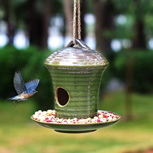 Kimdio Birdhouse Ceramic Hanging Birdhouses Bird Hut Hanging Multi-Function Outdoor Bird Feeders for Wild Birds, Finch, Cardinal, and Bluebird - Green - color: d - Green bird feeder