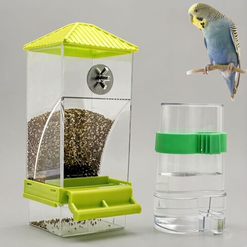 Automatic No Mess Bird Feeder Water Dispenser Set | Acrylic Transparent Parakeet Cage Accessories Bird Feeder and Waterer in Cage for Small and Medium Cockatiel Finche - color: Green + Green