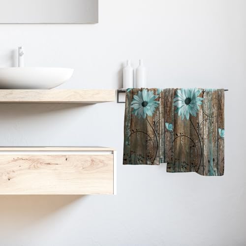 Giwawa Rustic Barn Sunflower Wooden Hand Towel 15x30 Set of 2, Fall Teal Daisy Flower Plank Fingertip Towel Retro Board Face Towel Country Barnwood Washcloth for Bathroom Farmhouse Log Cabin - color: Board Daisy Teal