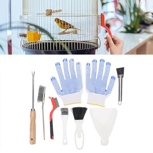 7Pcs Bird Cage Cleaning Tools Set, Fork Brush Scraper Broom Dustpan Gloves Kit, Stainless Steel Bird Droppings Scraper Tool for Parakeet Items & Small Animal Cage Cleaning