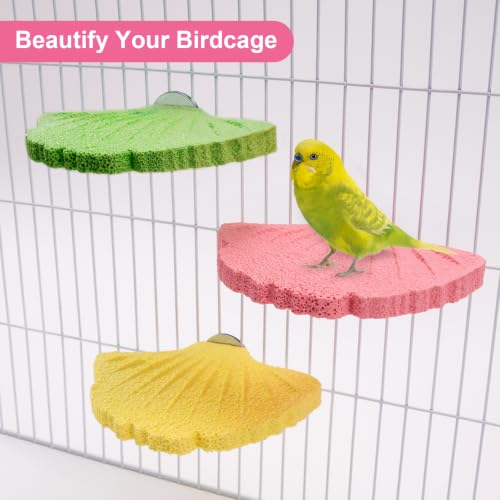 3 Pack Bird Beak Grinding Stone, Leaf Shape Birds Lava Ledge, Bird Cage Accessories Stand Platform for Budgies, Parakeets, Cockatiels, Conures - color: Yellow+Green+Rose Red