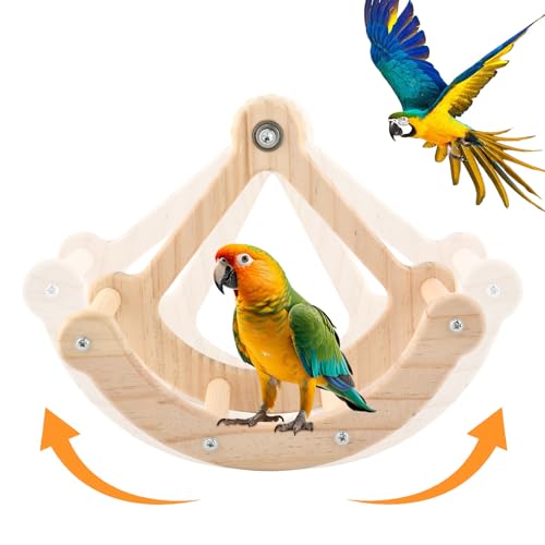 Bird Perch Toy, Wooden Interactive Rocking Parakeet Toys & Perches, Exercise Wheel Cockatiel Toys, Intelligence Puzzle Birds Enrichment Toy Bird Playground for Budgies Conure (Wood)