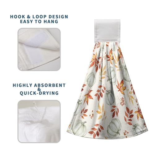 Fall Orange Leaves Pumpkin Kitchen Hanging Towels Autumn Thanksgiving Harvest Hand Towels with Hanging Loops Set of 2 Oven Stove Dish Hang Towel Soft Absorbent Bath Tie Towel - color: Fall Pumpkin Leaves Orange White