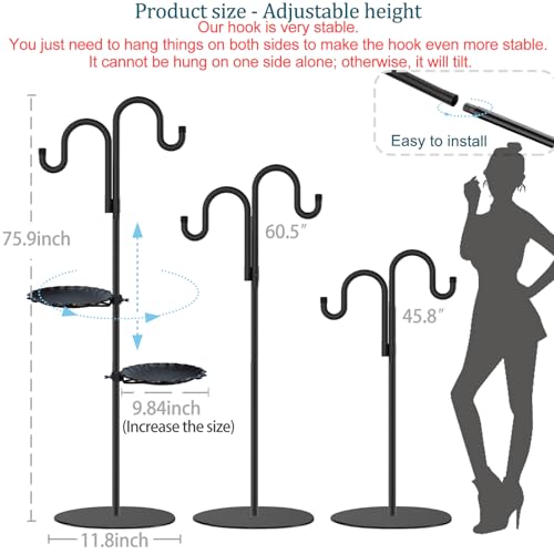 Upgraded 74" Shepherd's Hook Stand plant，Bird Feeder，Wind Chime Hanger Stand, Waterproof Metal & Adjustable-Height Standing Pole Holder for Lantern and Wreath, Indoor & Outdoor（2 Placement Racks)