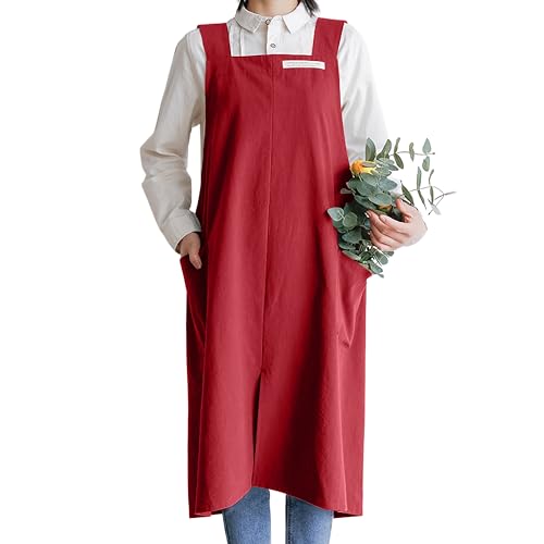 Cotton Aprons for Women and Men | Cross-Back Apron with Pockets - color: Red