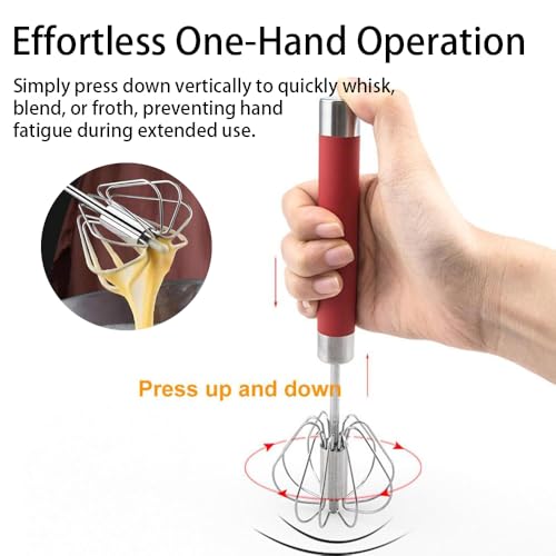 Stainless Steel Semi-Automatic Egg Whisk Set, 2PCS Hand Push Rotary Manual Mixer for Cooking, Whisking, Beating and Stirring (10&12 Inch) - color: Red (10&12in)