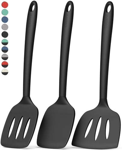 Coukre 3 Pack Silicone Spatula Set, Heat Resistant to 500°F, BPA-Free | Fish Spatula, Solid & Slotted Turners, Dishwasher Safe, Spatula Set for Eggs, Pancakes, Fish & Burgers, PureBlack - color: PureBlack