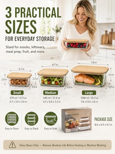 3-Pack Airtight Glass Food Storage Containers with Bamboo Lids | High borosilicate stackable meal prep containers for leftovers. Microwave and dishwasher safe kitchen organization.