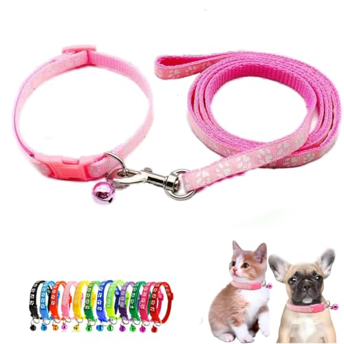 Pink Kitten Collar, Puppy Dog Cat Collar with Bells Leash Sets,for XXS,XS | Paw Print Reflective Dog Collar Leash Set with Bell, Basic Nylon Boy Girls Pet Collar Adjustable For XXS XS S Tiny Puppies - color: pink