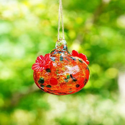 Mini Colorful Glass Hummingbird Feeders for Outside, Hand Blown Exquisitely Designed for Window Hanging with Two Feeding Ports, Great Gifts for Female Hummingbird Lovers - color: orange