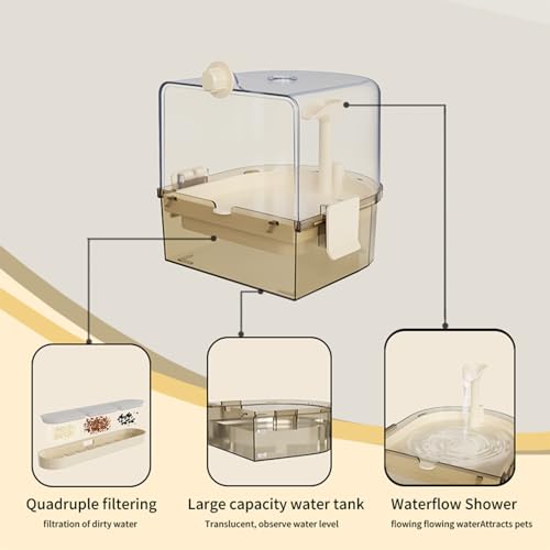 Automatic Bird Baths for Cage – Indoor Parakeet Bath with Pump, Bird Shower with 2 Modes Running Water, Bird Cage Accessory for Pet Birds Conure Budgies Cockatiels Lovebird (Light Brown) | Quiet auto pump with 4-layer filter & 4 refills Easy-clean clear t