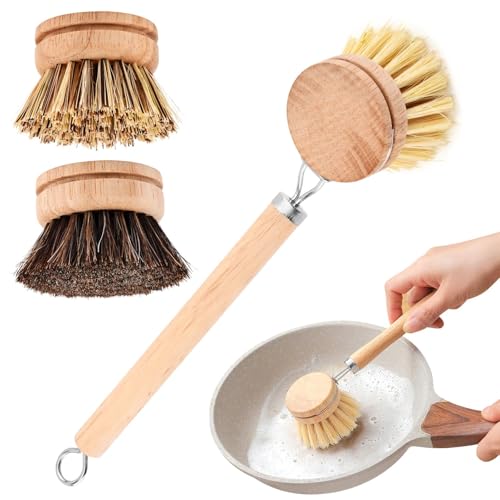 Bamboo Dish Brush with Handle, 3 Natural Bristle Heads | (Horsehair, Sisal, Palm) Replaceable Heads, Wooden Dish Brush for Washing and Cleaning Pot Pan Bowl
