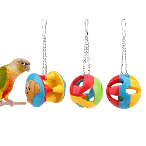 Hypeety Parrot Colorful Ball Toys with Bell Cage Hanging Chewing Ball Toy | With jingle bell inside, durable, chewproof plastic, easy-hanging, for parakeet/conure/cockatiel/small medium birds, 3 balls - color: A+B+C