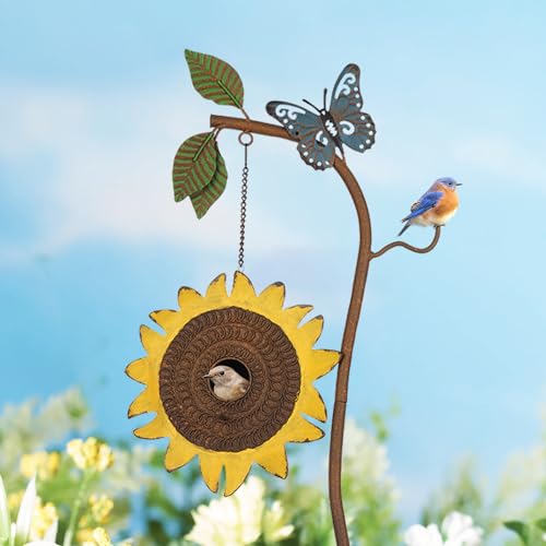 BAYN 57” Bird Houses Stake for Outside, Metal Wild Bird Feeder Birdhouse Stake Pole with Sunflower Design Outdoor Decorations for Patio, Backyard, Garden - style: Sunflower