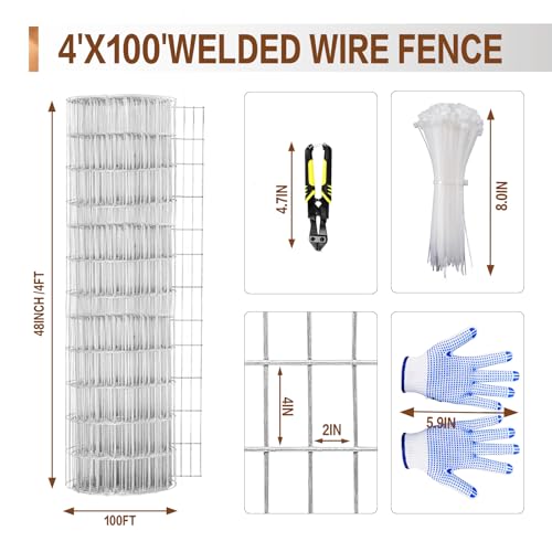 Tongmo 4 ft x 100 ft Galvanized Welded Wire Fence, 16GA Garden Chicken Wire Fence Roll, Mesh Size 2" x 4"Hardware Cloth, Ideal for Yard Protection and Poultry Netting - color: Galvanized, size: 4ft*100ft