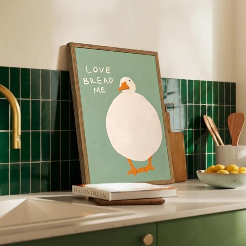 Cute Silly Goose Kitchen Wall Art Love Bread Me Quotes Wall Decor Painting, Funny White Duck Canvas Prints Picture for Farmhouse Kitchen Living Dining Room Bedroom 12x16 inch Wood Framed - color: Animal-K, size: 16"L x 12"W
