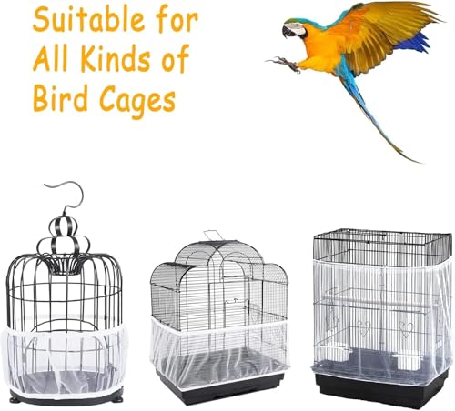 Bird Cage Cover, Breathable Nylon Mesh Seed Catcher Guard, Adjustable Elastic Skirt for Parrot, Budgie, Cockatiel, Prevents Mess, Fits Cage Circumference 55"-87" (140-220cm)