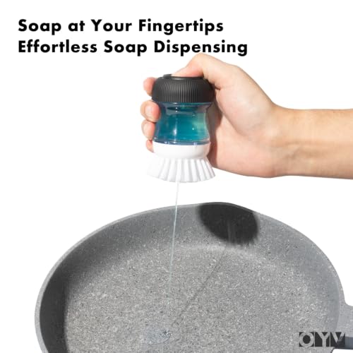 OYV Soap Dispensing Palm Brush Set | Includes Silicone Drip Tray, 1 Refill, Non-Scratch Nylon Bristles, Kitchen Dish Scrub Brush for Cleaning Pots, Pans, Sinks - color: White/Clear/Black